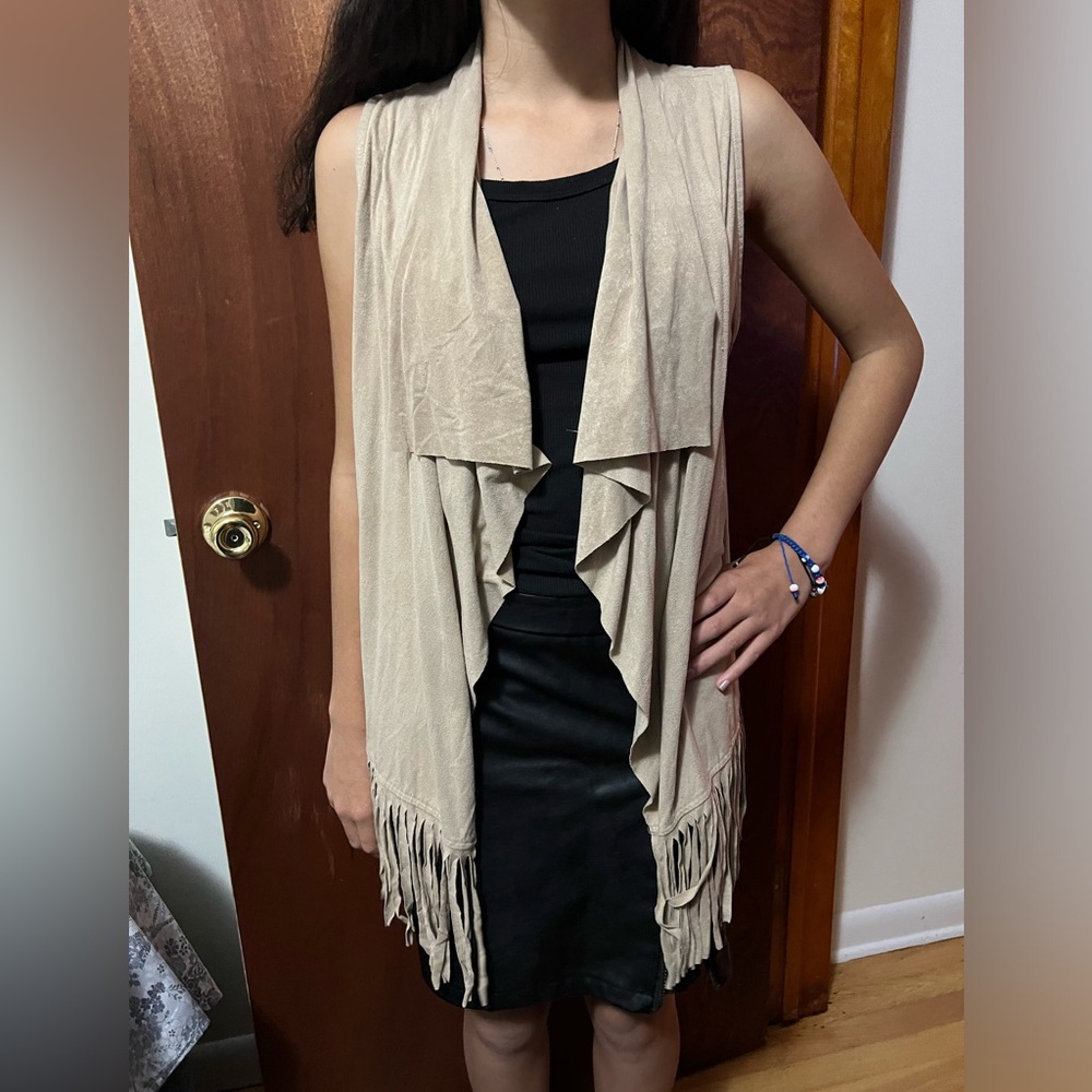 Maurices Tan Faux Suede Fringe Longline Vest Size small medium